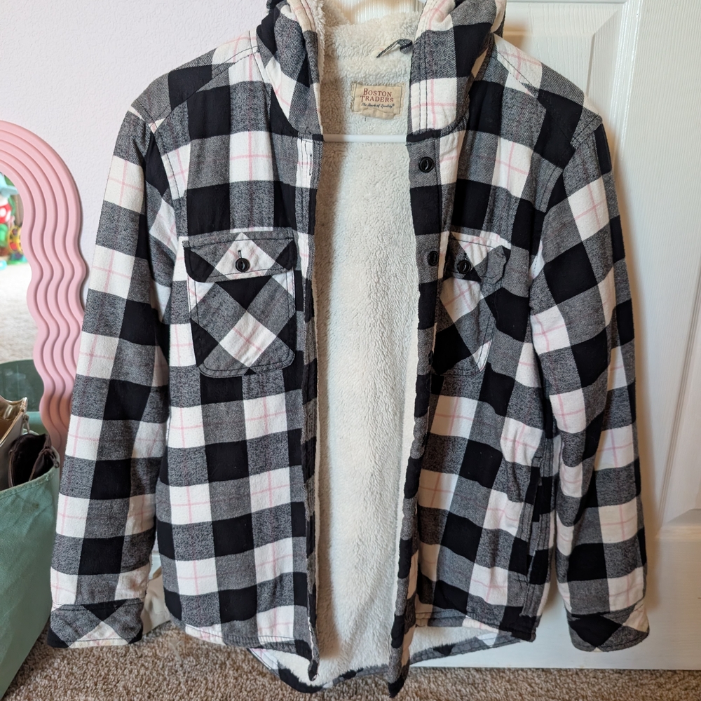 Black and White Plaid Jacket with Sherpa Lining